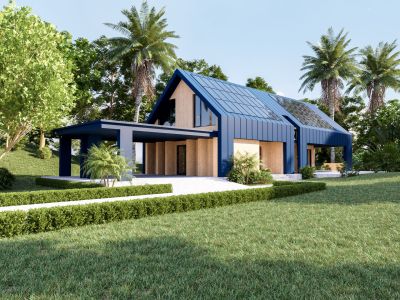 Solar panels on the roof of the modern house,Harvesting renewable energy with solar cell panels,Exterior design,3d rendering